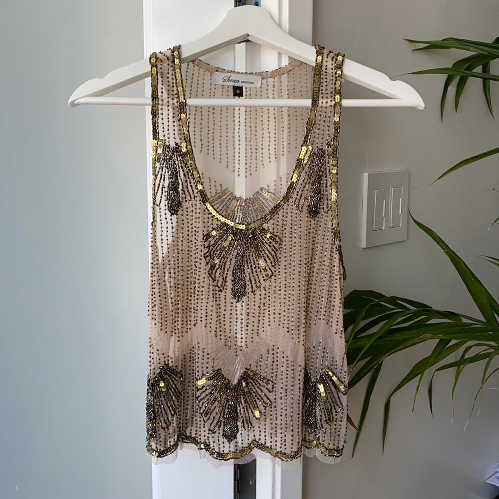 Beaded golden mesh top